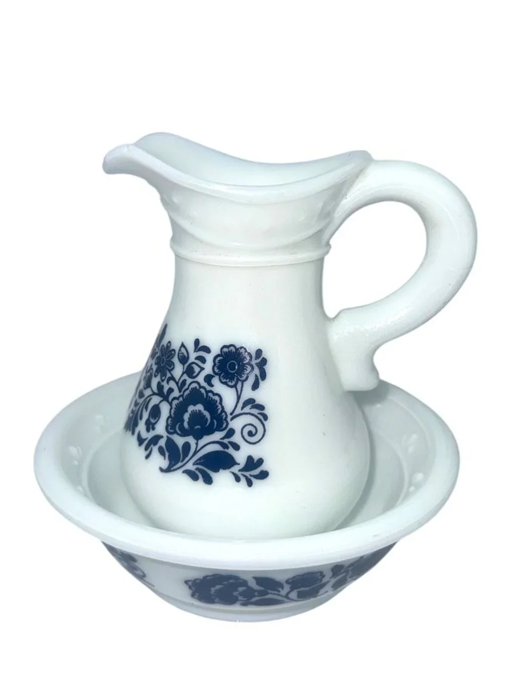 Vintage 1970s Avon Milk Glass Pitcher and Basin with Deft Blue Floral Pattern - Picture 4 of 8